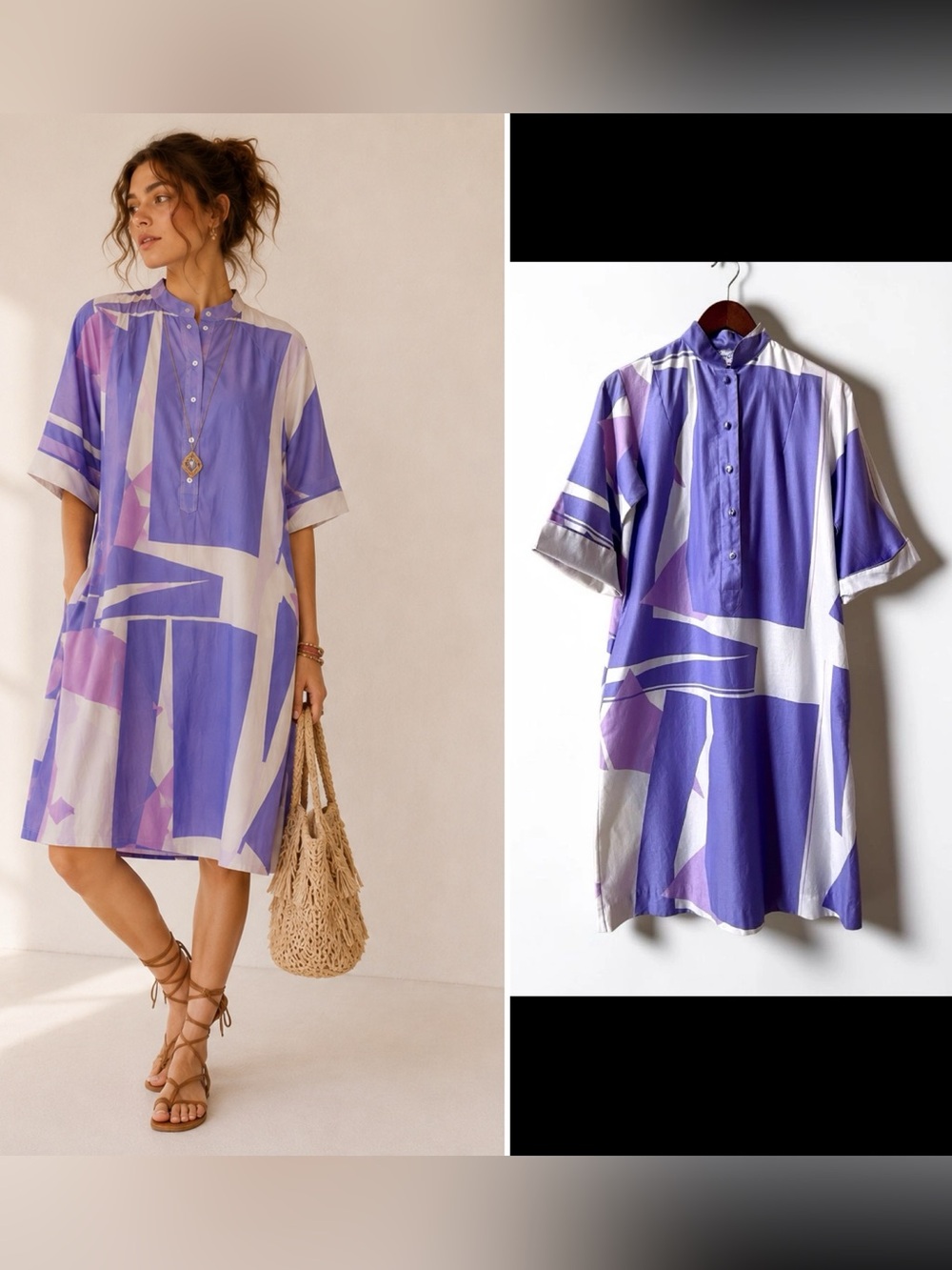 VTG Catherine Ogust Penthouse Gallery Shirt Dress Purple Geometric Caftan 1970s